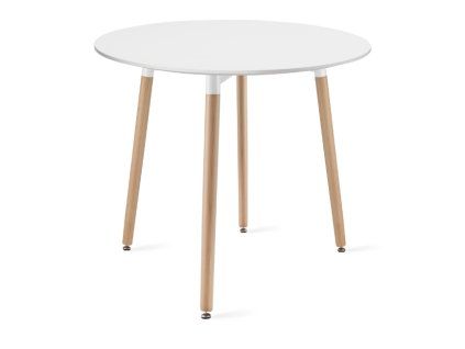 Moderní kulatý jídelní stůl KAMI s bílou deskou a přírodními bukovými nohami, průměr 80 cm, výška 74,5 cm, vhodný do menších prostor.