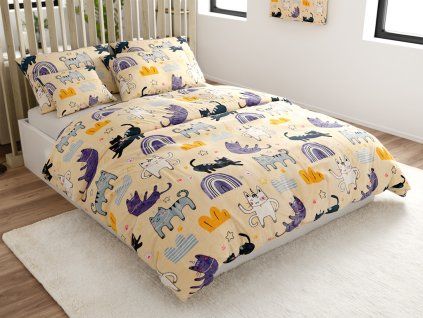 Hebké mikroplyšové povlečení PURRSLEEP béžové s kočkami