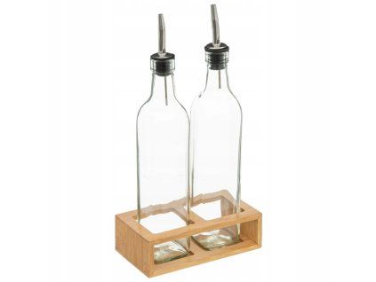 Skleněné lahve na olej a ocet o objemu 2x 480 ml v bambusovém stojanu, praktický a stylový doplněk do každé kuchyně.