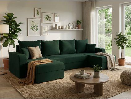Rozkládací sedací souprava do U VALERIO 305x140 cm tmavě zelená moderní design