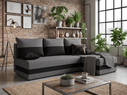 Rozkládací oboustranná sedací souprava do L VALERIO SLIM 200x140 cm tmavě šedá/antracitová + 2 polštářky ZDARMA
