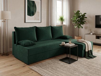 Rozkládací oboustranná sedací souprava do L VALERIO SLIM 200x140 cm tmavě zelená + 2 polštářky ZDARMA