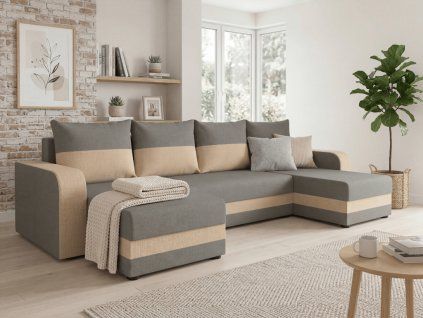 Rozkládací sedací souprava do U VALERIO 305x140 cm světle šedá/béžová moderní design