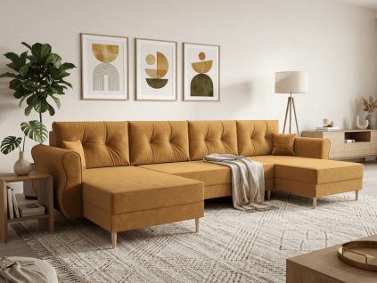 Rozkládací sedací souprava do U SILVIANO 300x140 cm hořčicová + 2 polštářky zdarma