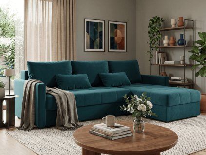 Rozkládací oboustranná sedací souprava do L VENORIA 220x143 cm petrolejová + 2 polštářky zdarma