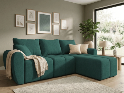 Rozkládací oboustranná sedací souprava do L SEVIO 246x145 cm lahvově zelená + 2 polštářky zdarma