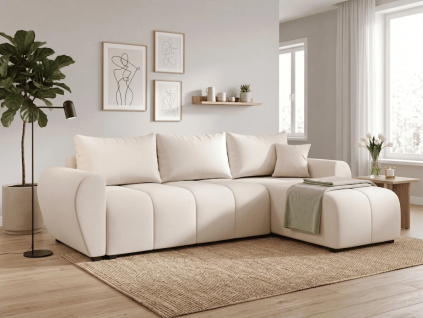 Rozkládací oboustranná sedací souprava do L SEVIO 246x145 cm krémová + 2 polštářky zdarma