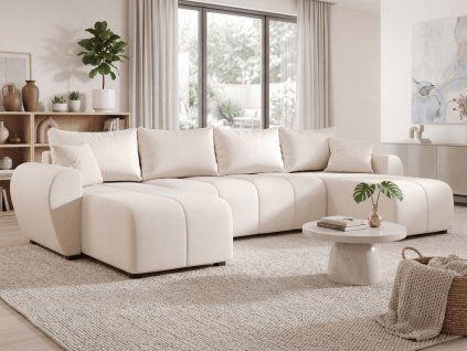 Rozkládací oboustranná sedací souprava do U SEVIO 311x145 cm krémová + 2 polštářky zdarma