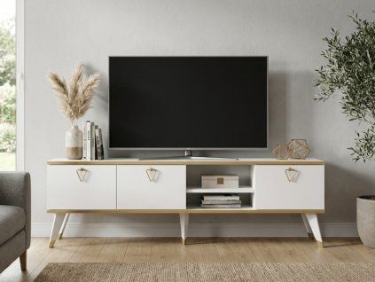 TV stolek CAROL 160 cm bílá/zlatá moderní design s úložným prostorem