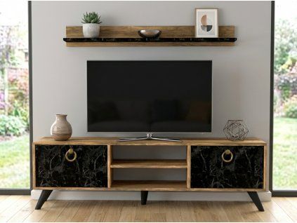 TV stolek ZEN 160 cm s nástěnnou policí dekor ořech/černý mramor moderní design