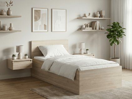Moderní postel SOFIA 90 x 200 cm dub sonoma s přírodním dekorem
