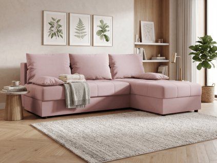 Rozkládací oboustranná sedací souprava do L VENORIA SLIM 200x143 cm pudrově růžová + 2 polštářky ZDARMA