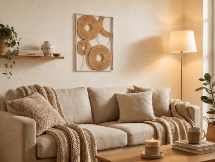 Nástěnná dekorace CIRCLES kovová 48x68 cm, bílá / béžová v moderním přírodním interiéru