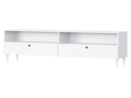 Bílý TV stolek DULLUM 200x58 cm s policemi a dvěma prostornými skříňkami