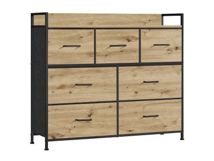 Komoda s textilními zásuvkami ALESIA 98x85 cm, dub artisan do ložnice s černou kovovou konstrukcí