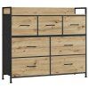 Komoda s textilními zásuvkami ALESIA 98x85 cm, dub artisan do ložnice s černou kovovou konstrukcí
